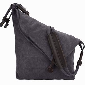 Grey canvas crossbody bag.